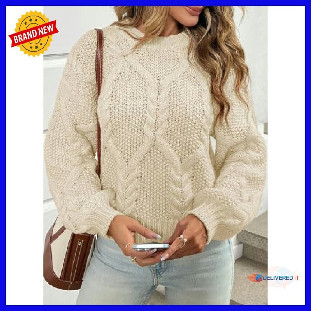 Chunky Cable Knit Cropped Sweater Loose Pullover Long Sleeve Crewneck - Picture 4 of 8